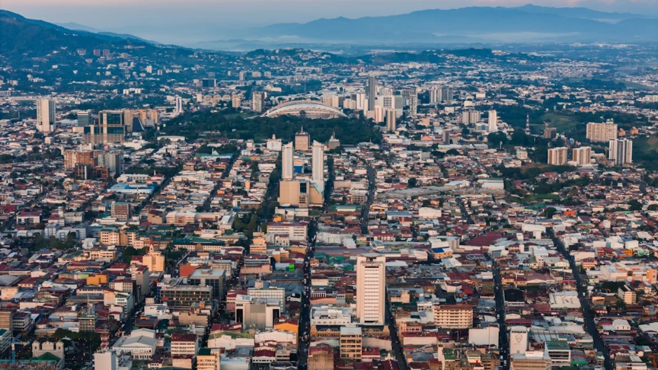 Aerial views of San José, Costa Rica, in the morning. 
