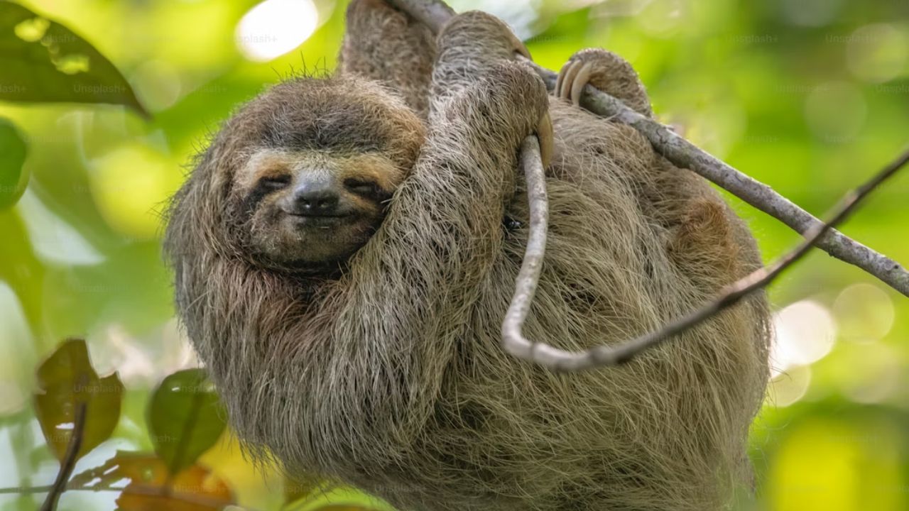 Three-toed sloth hanging from a tree branch in the forest.