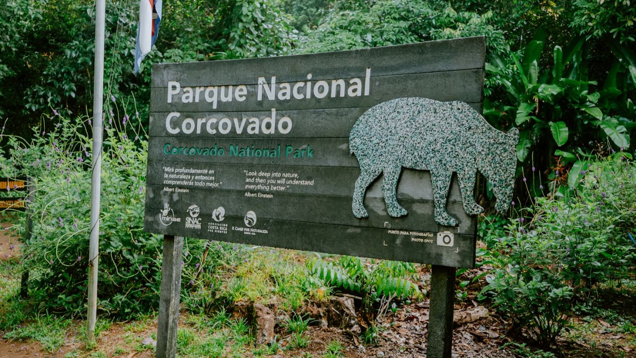 Signage board of Corcovado National Park in Costa Rica.
