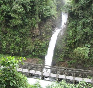 La Paz Waterfall Gardens bridge beneath lush tropical cascade.